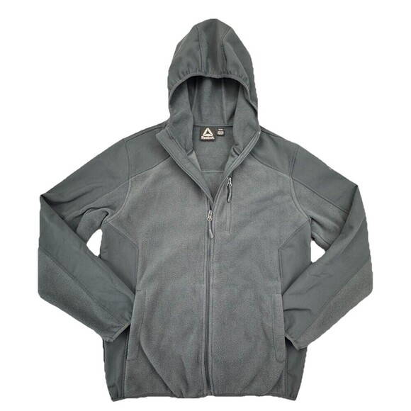 Reebok Gray Full Zip Hooded Fleece Jacket Mens Size Medium Gym Running Athletic - Picture 1 of 9